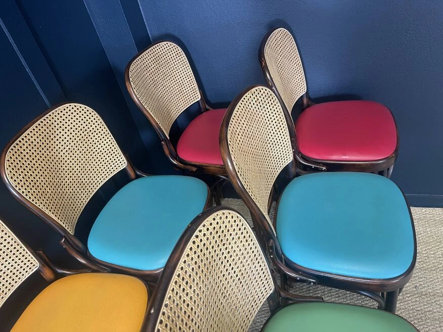 Set Of 10 Thonet Type High Bar Chairs In Dark Wood, Canework And Colored Skai 11 Set Of 10 Thonet Type High Bar Chairs In Dark Wood, Canework And Colored Skai - Image 11