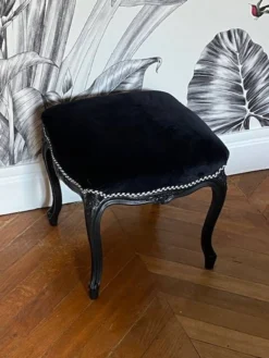 Vintage - Renovated Louis XV Style Pouf - Carved Rosettes - Black Velvet And Houlès Braid -Cozy Seats Store bd084f0c 75aa 4985 b10c 7007b24420b8