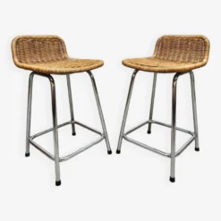 Vintage Chrome Rattan Bar Stools