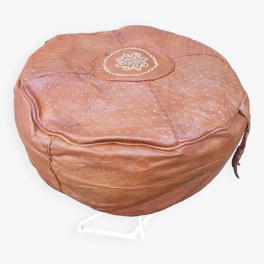 Large Vintage Moroccan Leather Pouf 8 Large Vintage Moroccan Leather Pouf - Image 8