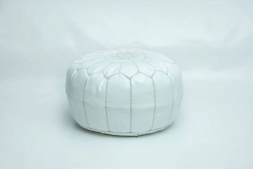 Moroccan Leather Pouf, Moroccan Ottoman Pouf, White Moroccan Pouf, Vintage 2 Moroccan Leather Pouf, Moroccan Ottoman Pouf, White Moroccan Pouf, Vintage - Image 2