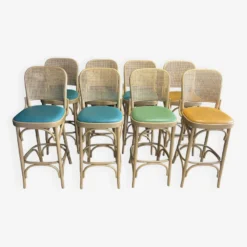 Set Of 8 Thonet Cannage Type High Bar Chairs, Light Wood And Colored Skai