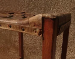 Stool In Wood And Woven Leather.