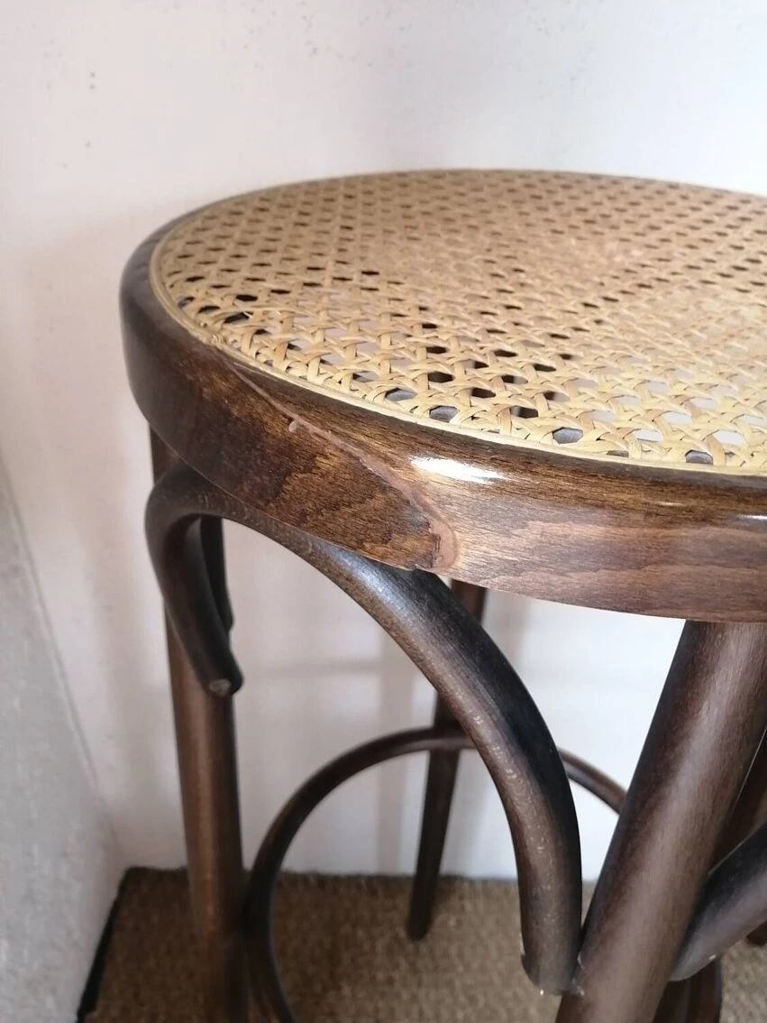 Set Of 4 High Bistro Stools In Curved Wood And Canework. 3 Set Of 4 High Bistro Stools In Curved Wood And Canework. - Image 3