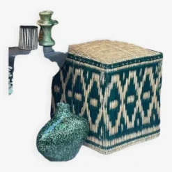 Moroccan Pouf Cube Seat In Graphic Ikat Wicker Dark Green Forest Fir