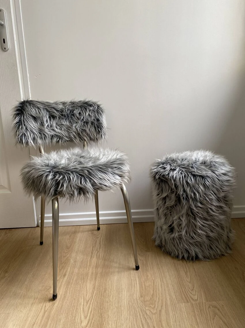 Vintage Pouf In The Style Of Pelfran, Gray Long-haired Synthetic Fur 6 Vintage Pouf In The Style Of Pelfran, Gray Long-haired Synthetic Fur - Image 6