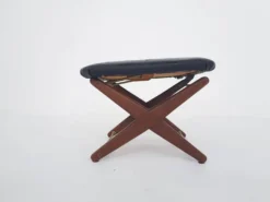 Vintage Adjustable Foor Stool In Teak And Vinyl, The Netherlands 1960's