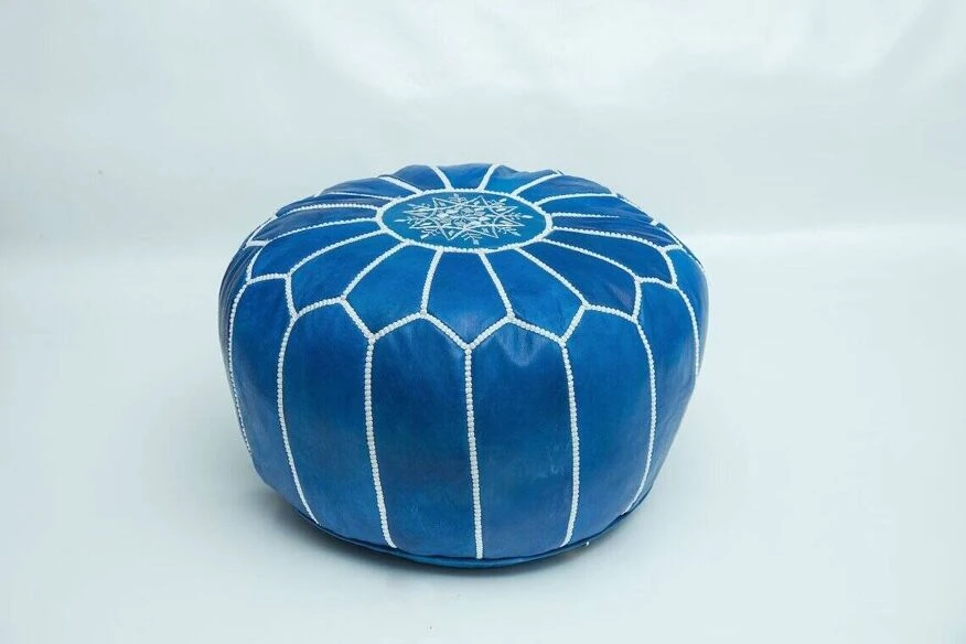 Moroccan Leather Pouf, Moroccan Ottoman Pouf, Blue Moroccan Pouf, Moroccan Vintage, Leather Pouf 3 Moroccan Leather Pouf, Moroccan Ottoman Pouf, Blue Moroccan Pouf, Moroccan Vintage, Leather Pouf - Image 3