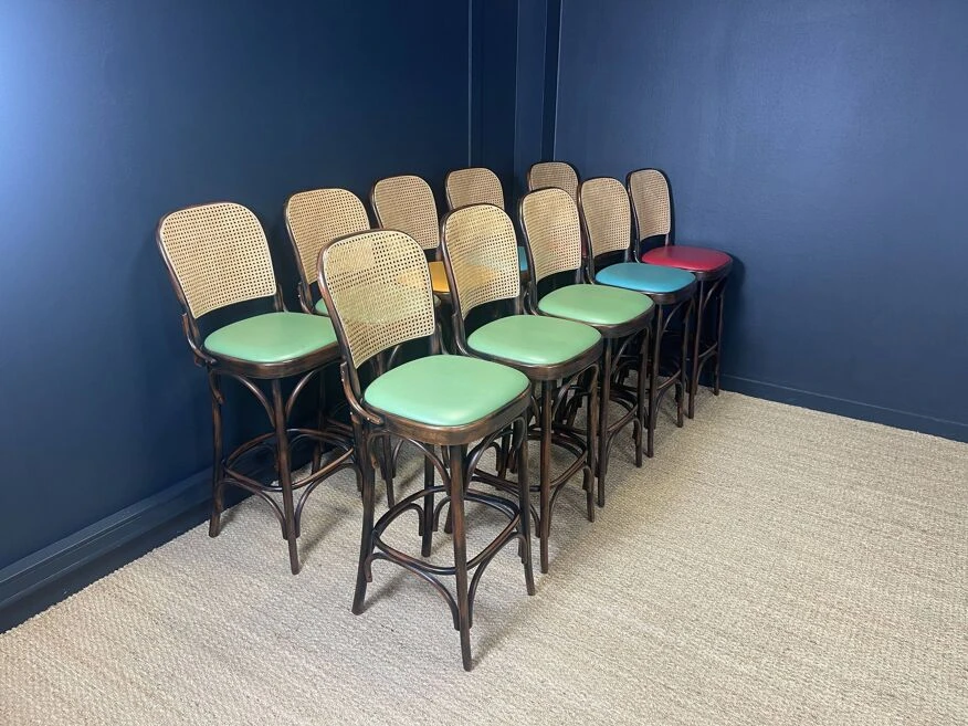 Set Of 10 Thonet Type High Bar Chairs In Dark Wood, Canework And Colored Skai 7 Set Of 10 Thonet Type High Bar Chairs In Dark Wood, Canework And Colored Skai - Image 7