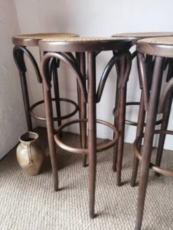 Set Of 4 High Bistro Stools In Curved Wood And Canework.