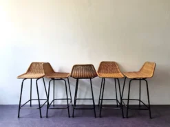 Set Of 5 Barstools Of Wicker And Metal By Rohé Noordwolde, The Netherlands 1960's