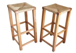 2 High Bar Stools With Straw And Solid Oak Wood Seat