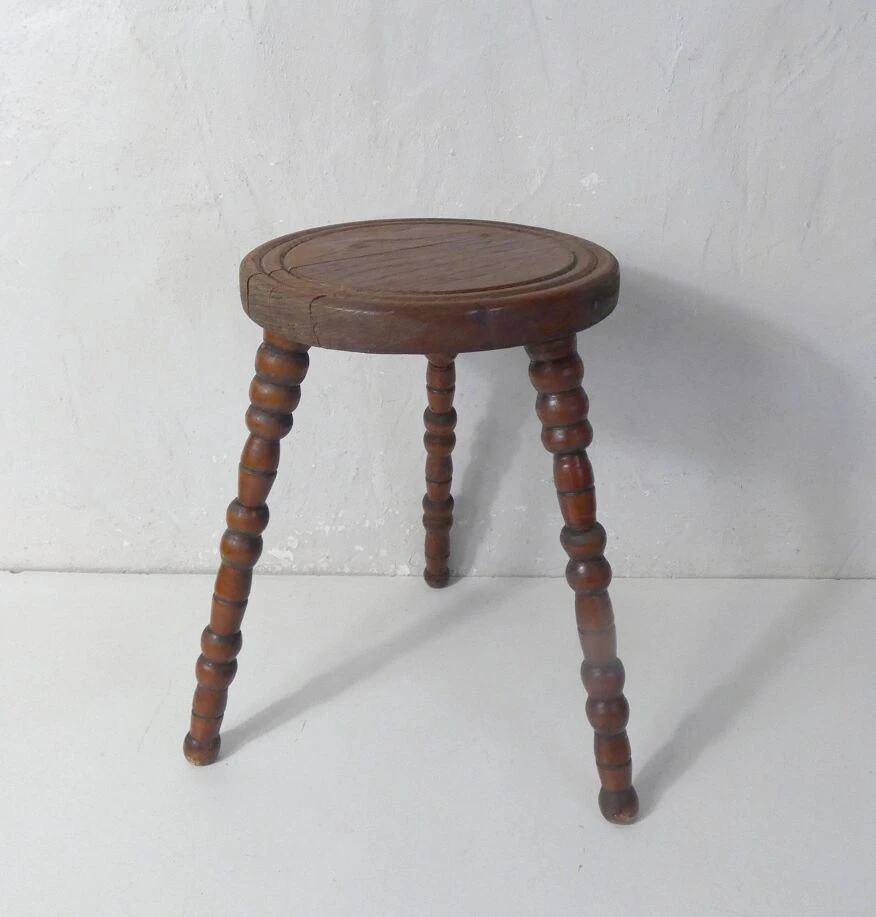 Old Tripod Stool In Beaded Wood For Plants 7 Old Tripod Stool In Beaded Wood For Plants - Image 7