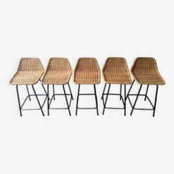 Set Of 5 Barstools Of Wicker And Metal By Rohé Noordwolde, The Netherlands 1960's -Cozy Seats Store f0195775 043b 4772 95a0 17188bc7932a