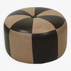 Round Vintage Pouf Two-tone Brown Skai Leather Patchwork Sixties